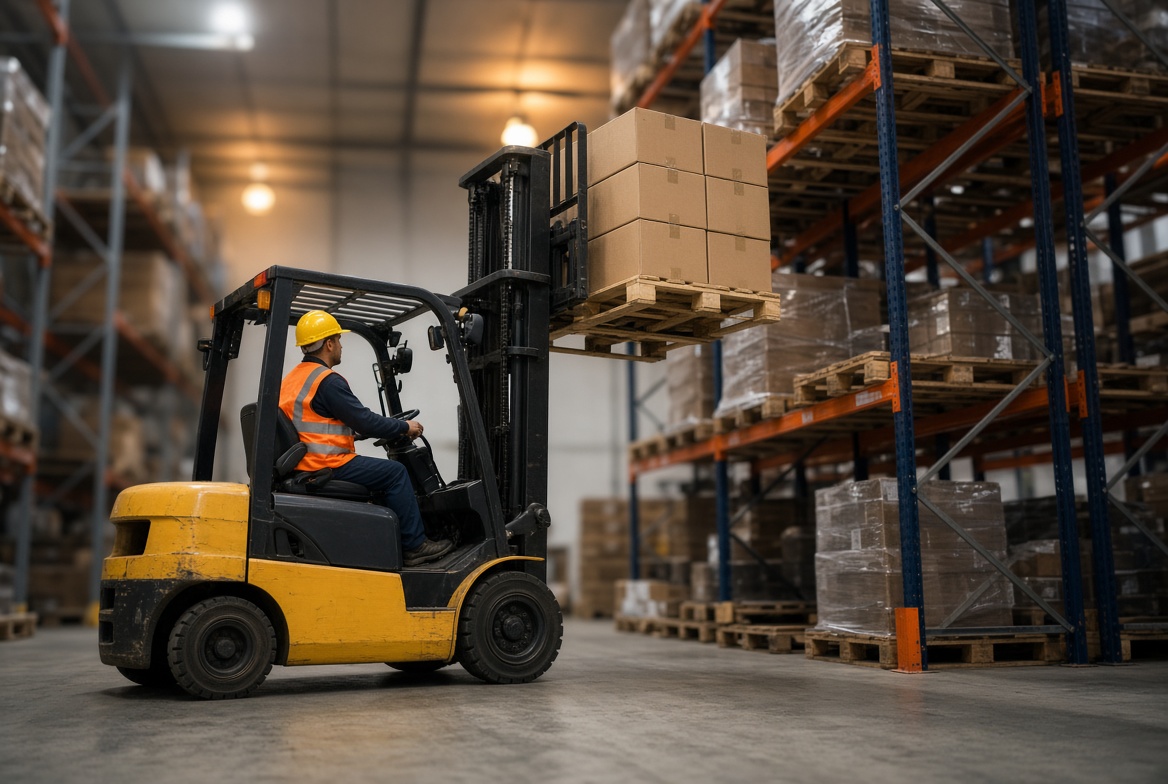 Forklift operator retrieving a pallet from warehouse racking