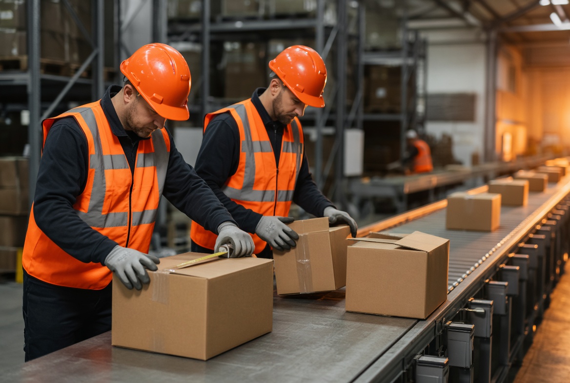 Production associate packaging goods on a line